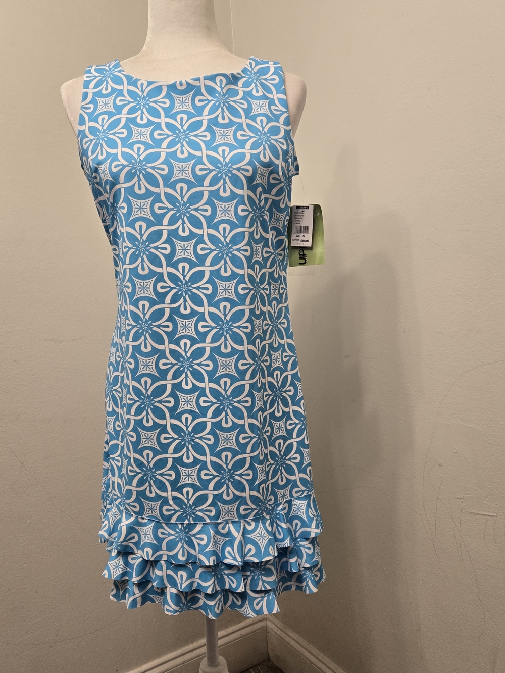 Sleeveless Blue & White Floral-Patterned Ruffle-Hem Mini Dress